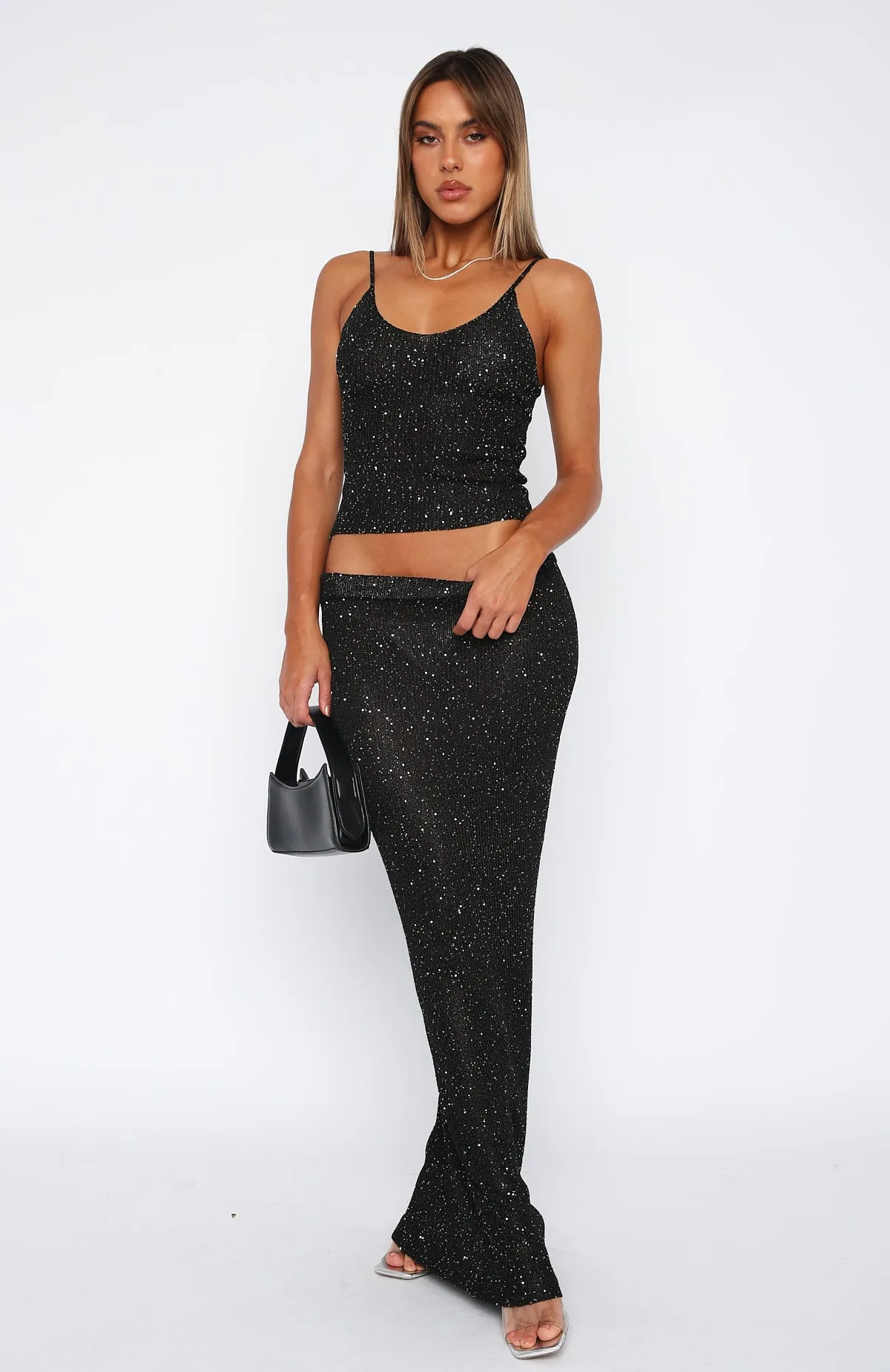 Star Shining Sequin Knit Maxi Skirt Black Daily Style Smooth Texture