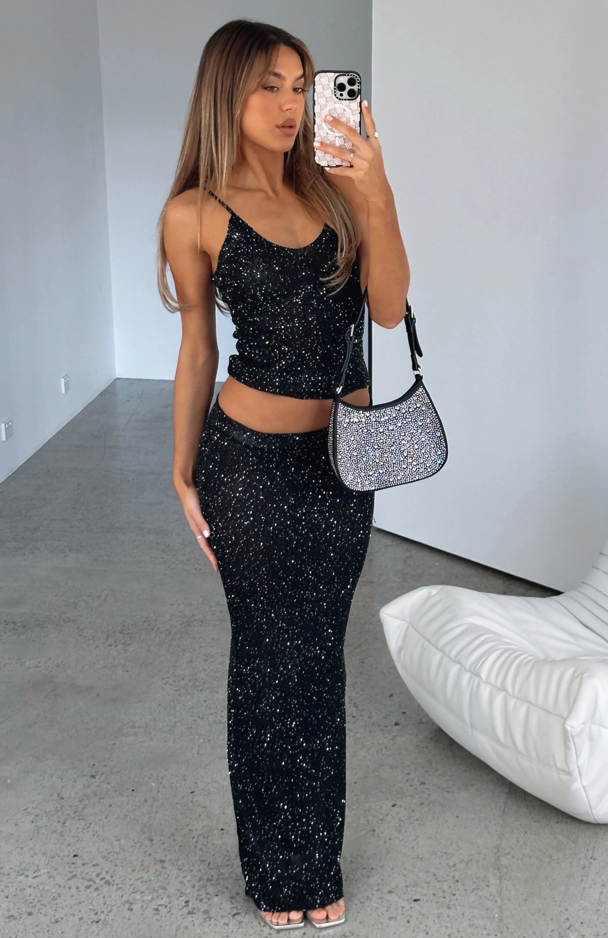Star Shining Sequin Knit Maxi Skirt Black Wrap Front Fresh Aesthetic