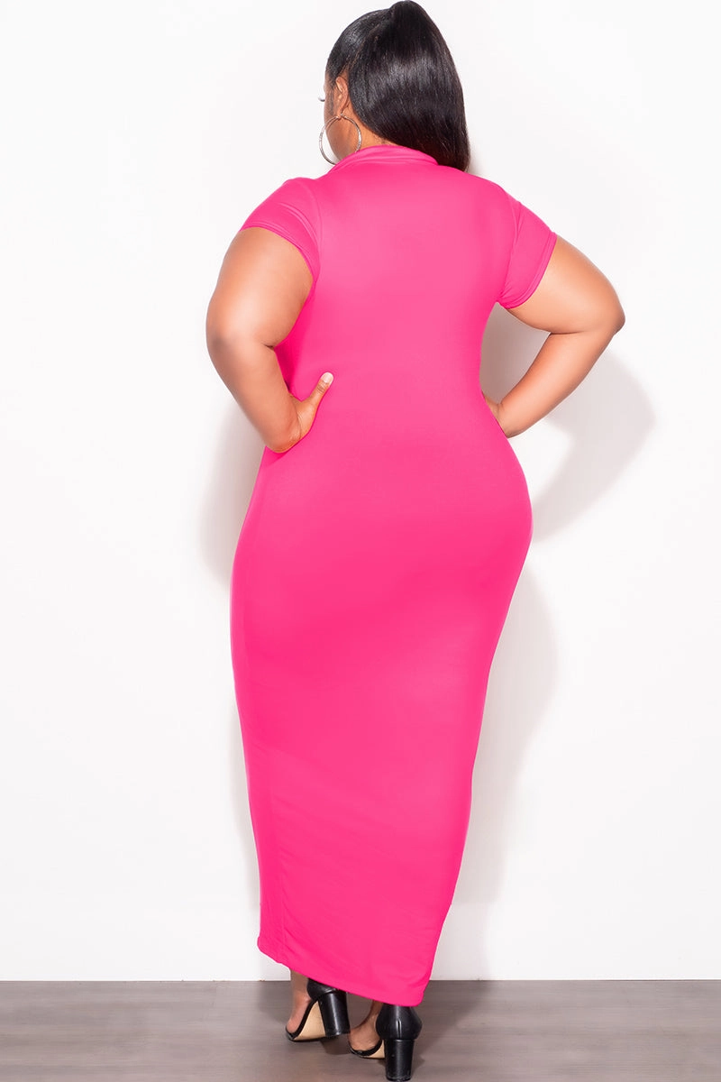 Fashionable Appeal Final Sale Plus Size Collar V Neck Midi Dress in Pink