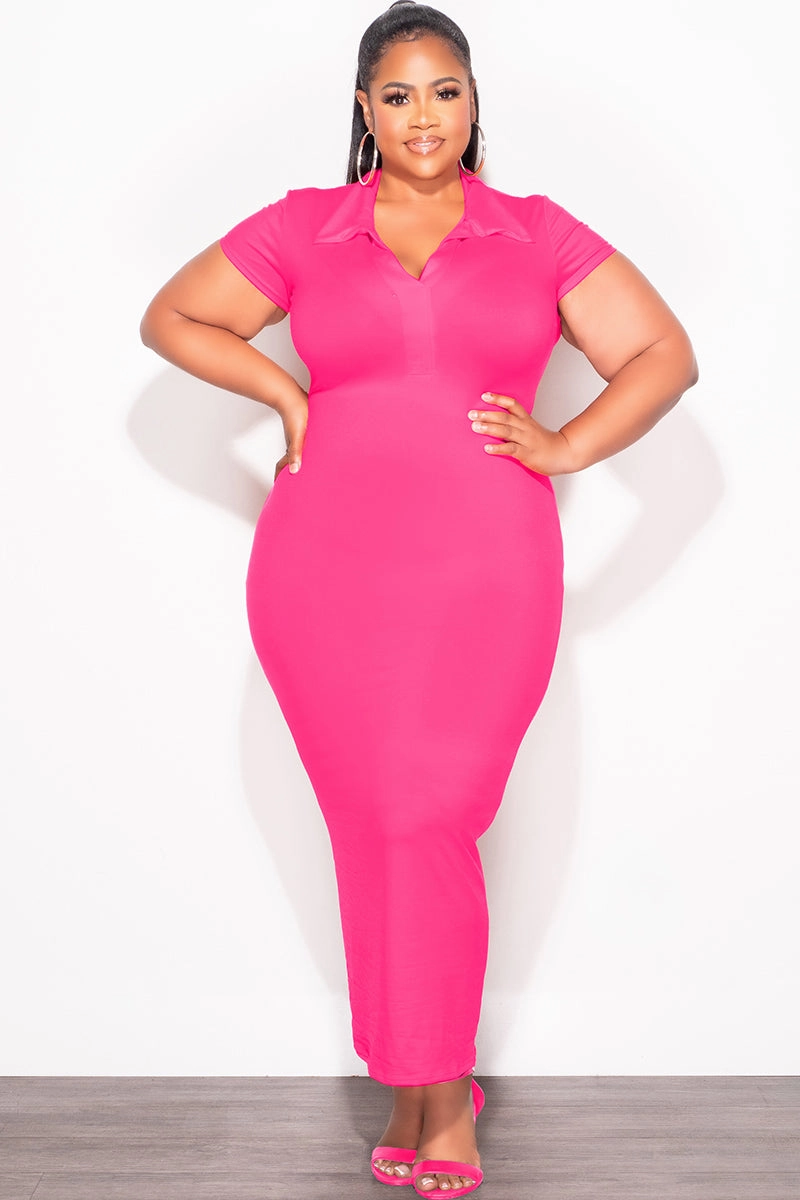 Lightweight Fit Non Slip Waist Grip Final Sale Plus Size Collar V Neck Midi Dress in Pink