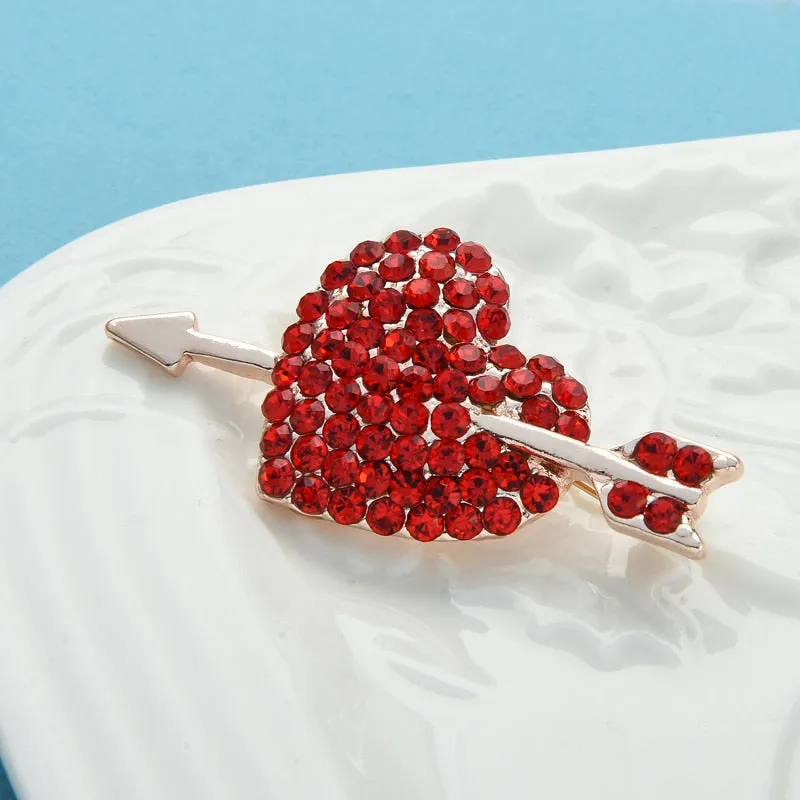 Classic Red Rhinestone Heart Brooches Women Unisex Arrow Love Suits Shirt Brooch