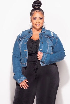 Final Sale Plus Size Distressed Jacket in Medium Blue Layered Protection Non Binding Cuffs