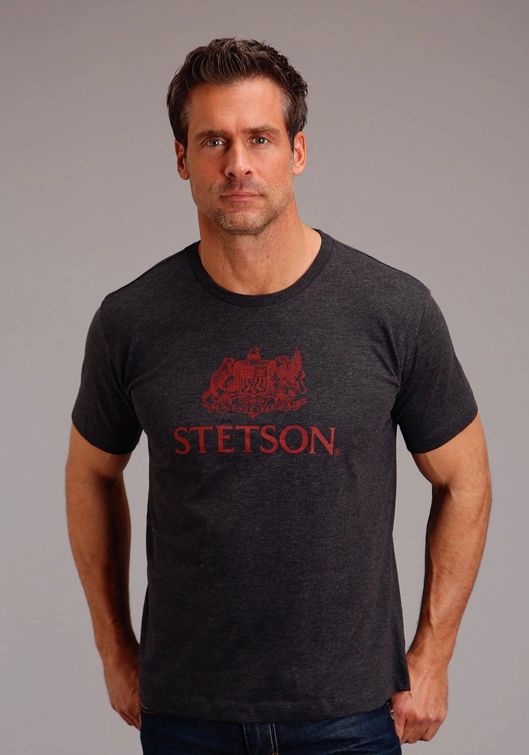 Stetson Mens Dark Grey Cotton Blend Crest Screenprint S/S T-Shirt Timeless Style