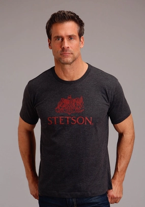 Stetson Mens Dark Grey Cotton Blend Crest Screenprint S/S T-Shirt Luxury Feel sporty wear