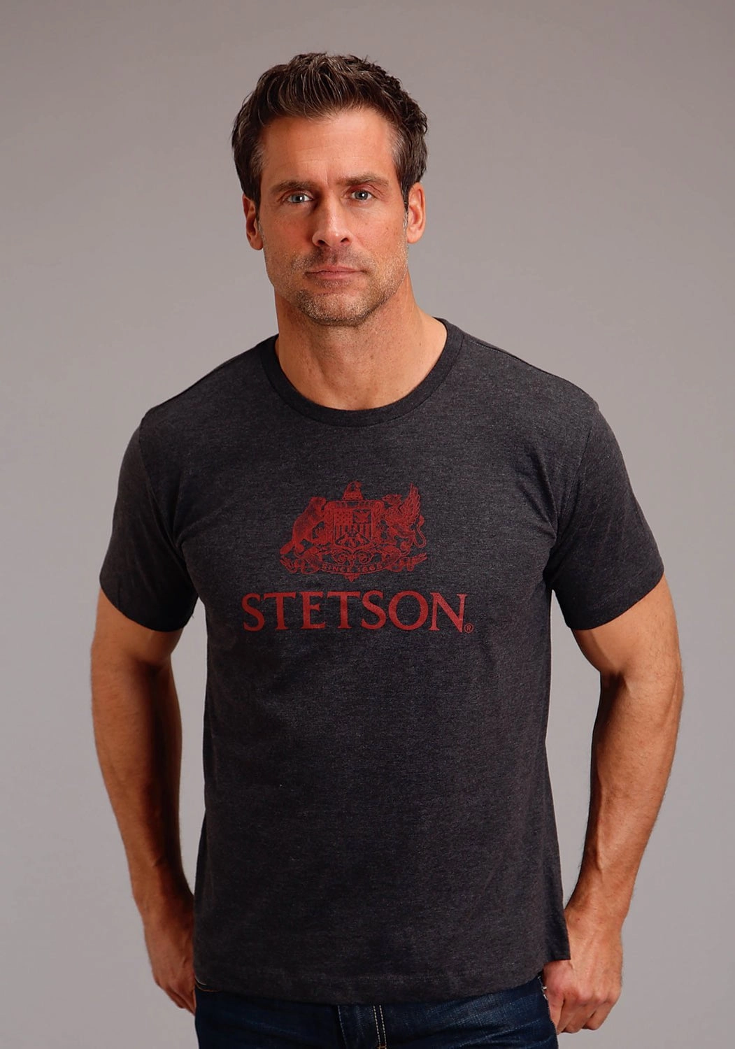 Stetson Mens Dark Grey Cotton Blend Crest Screenprint S/S T-Shirt Lightweight Wear