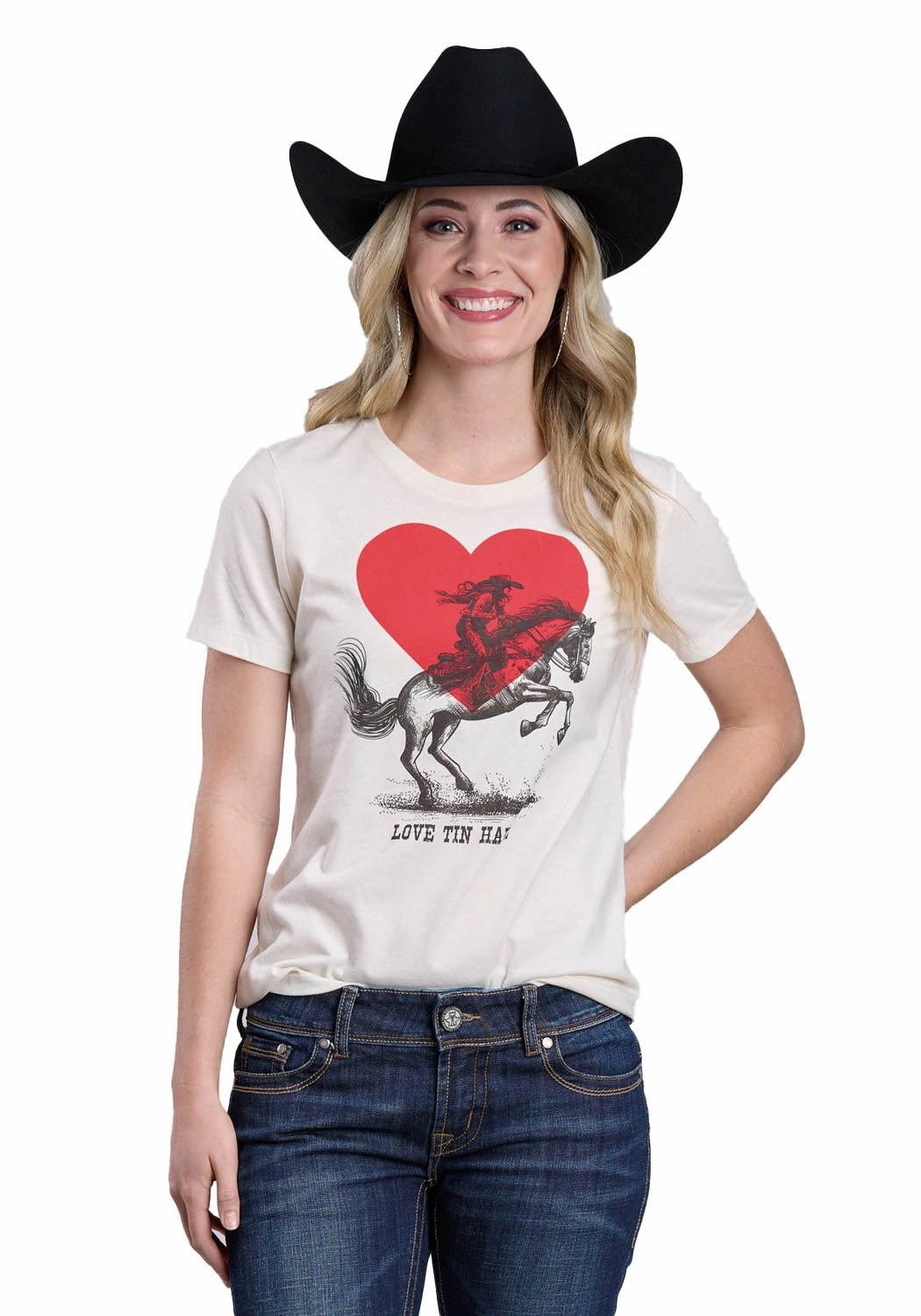Snag Free Surface Sustainable Choice Tin Haul Womens Love Cowgirl In A Heart Natural Cotton Blend S/S T-Shirt