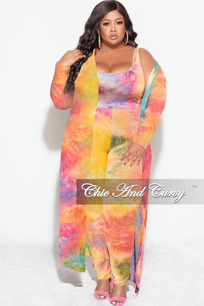 Body Ready Final Sale Plus Size 3-pc (Duster, Crop Tank Top & Pants) Set in Rainbow Sherbet Tie Dye