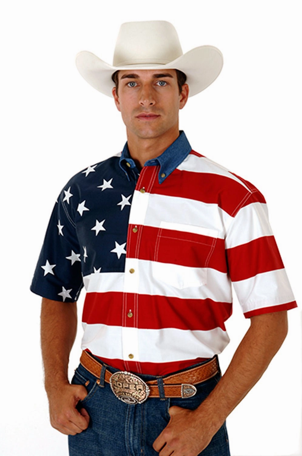 Roper Mens Stars and Stripes Red/Blue 100% Cotton Btn S/S Shirt Soft Texture Relaxed Wear