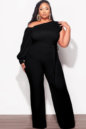 Final Sale Plus Size Balloon Sleeve Jumpsuit with Tie in Black LightweightDesign Casual Wearable