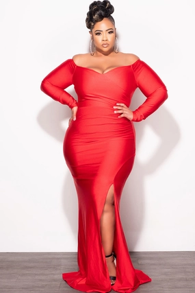 Final Sale Plus Size Off the Shoulder Gown with Slide Slit in Red Stylish Appearance