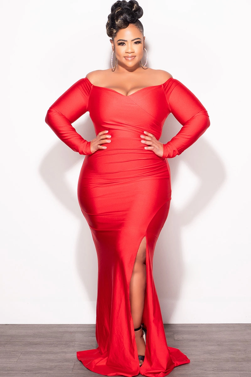 Ultimate Wear Minimal Stretch Fit Final Sale Plus Size Off the Shoulder Gown with Slide Slit in Red