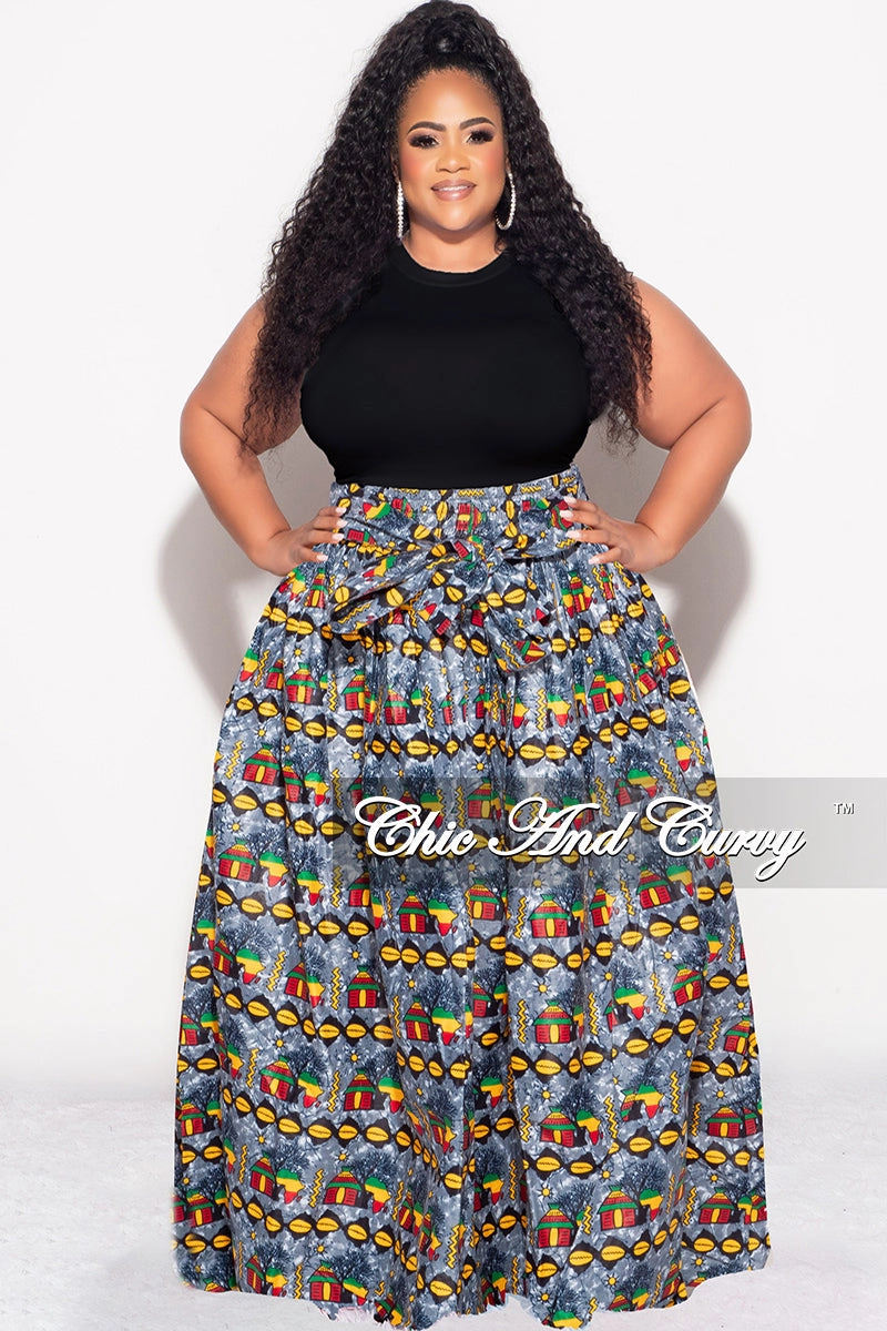 Comfort Cushioning All Day Wear Final Sale Plus Size High Waist Maxi Skirt with Tie in Multi Color Design Print