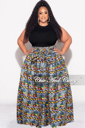 Comfort Cushioning All Day Wear Final Sale Plus Size High Waist Maxi Skirt with Tie in Multi Color Design Print