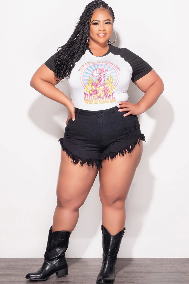 Final Sale Plus Size Distressed Fringe Shorts in Black Denim Seamless Comfort