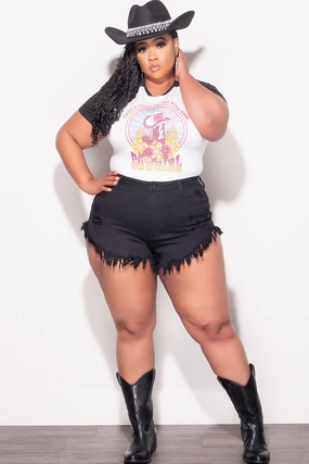 Final Sale Plus Size Distressed Fringe Shorts in Black Denim Seasonal Basic
