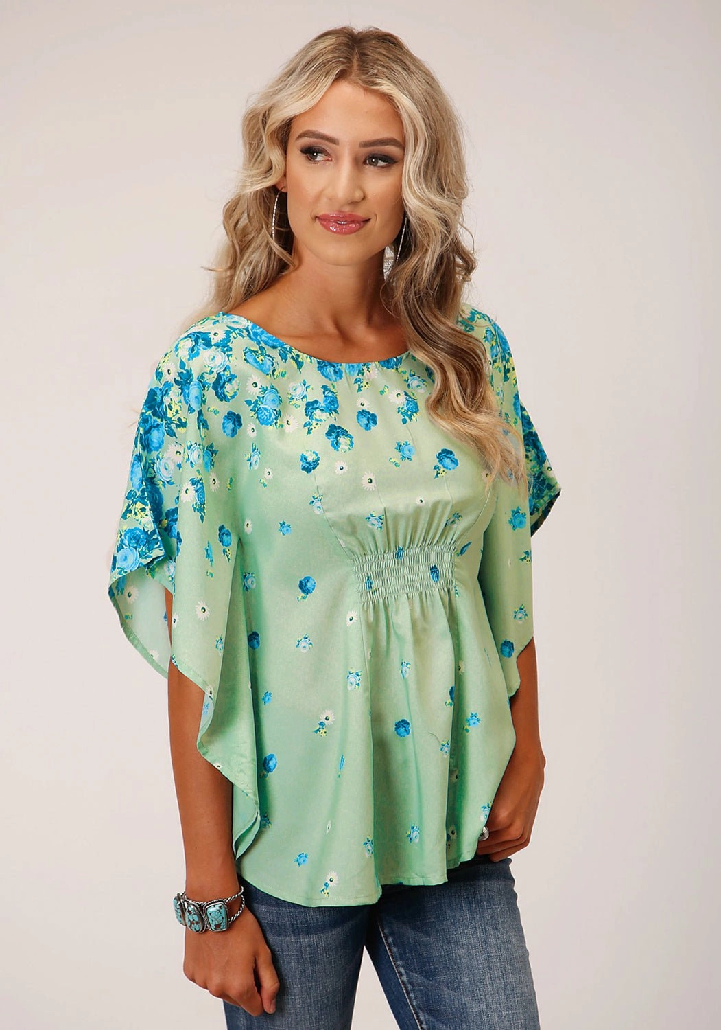 decorative element Smart Look Roper Womens Summer Floral Sage Polyester S/S Blouse