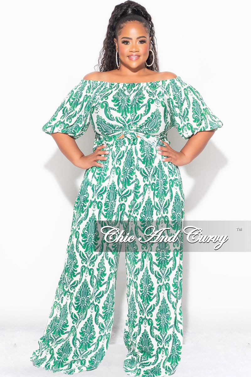 Final Sale Plus Size Off the Shoulder Pleated Tie Top and Palazzo Pants Set in Green and White Durable Wear