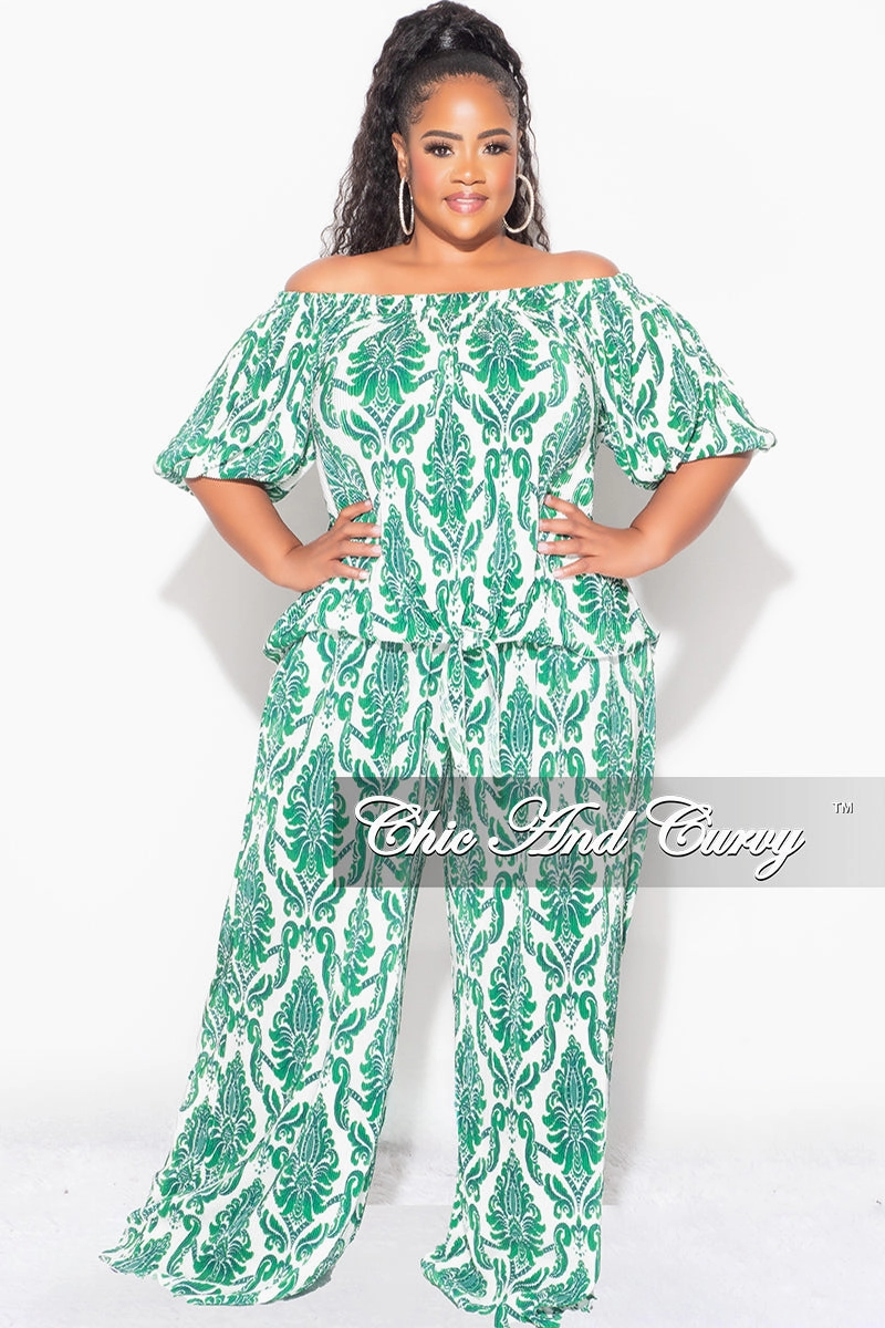Final Sale Plus Size Off the Shoulder Pleated Tie Top and Palazzo Pants Set in Green and White Casual Layer Fit Weather Ready