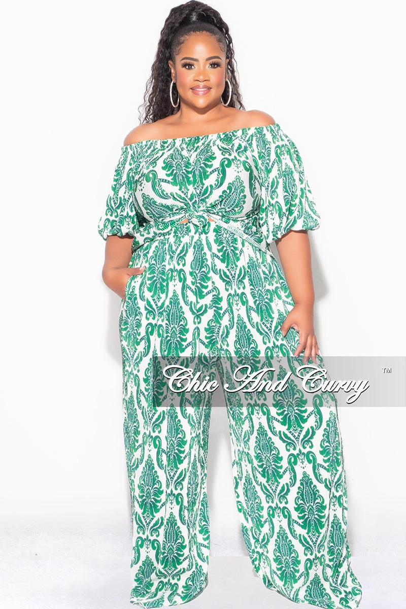 Everyday Flex Classic Comfort Final Sale Plus Size Off the Shoulder Pleated Tie Top and Palazzo Pants Set in Green and White