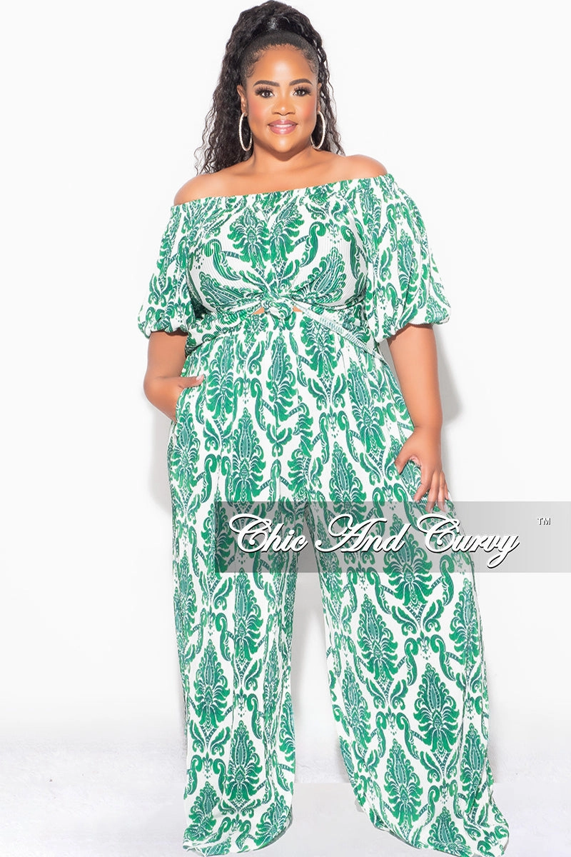 Final Sale Plus Size Off the Shoulder Pleated Tie Top and Palazzo Pants Set in Green and White Windproof coating Sporty Cut