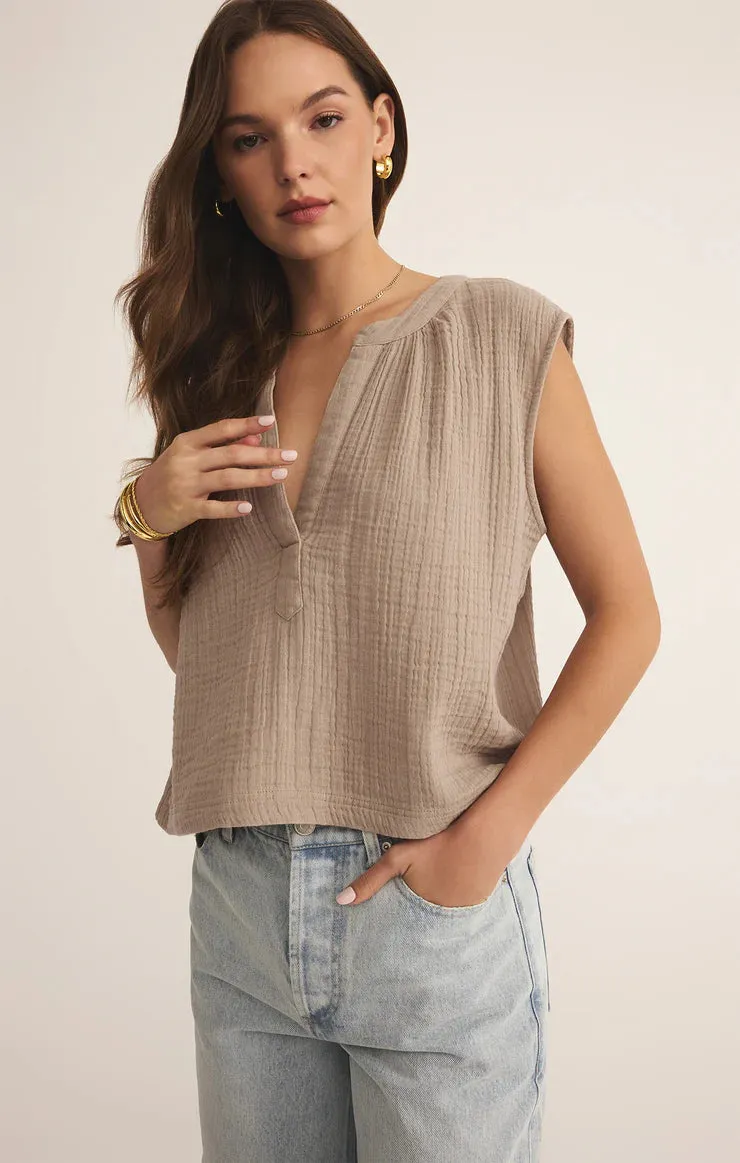 Cliffside V-Neck Airy Gauze Top Linen Blend Fabric Drop Shoulder