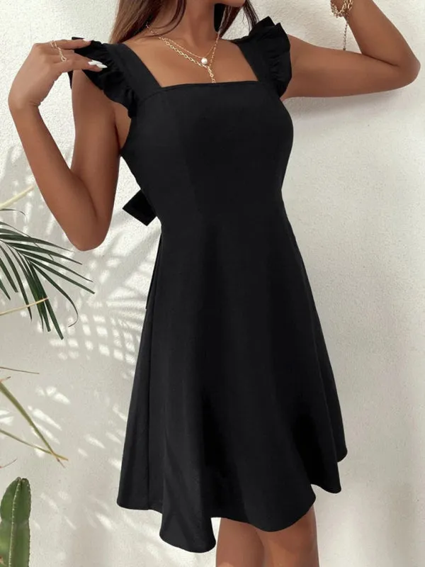 Cocktail Solid Cotton Bow Backless A-Line Square Neck Dress