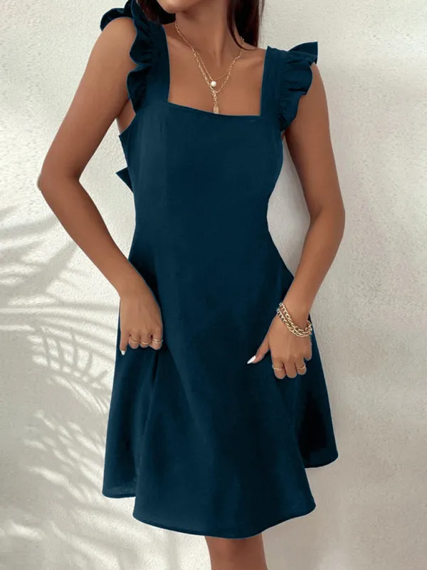 Cocktail Solid Cotton Bow Backless A-Line Square Neck Dress