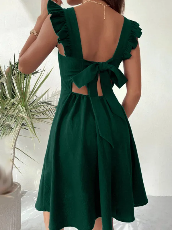 Cocktail Solid Cotton Bow Backless A-Line Square Neck Dress
