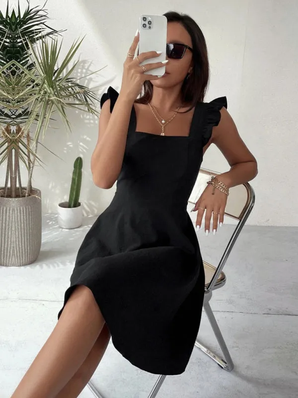 Cocktail Solid Cotton Bow Backless A-Line Square Neck Dress