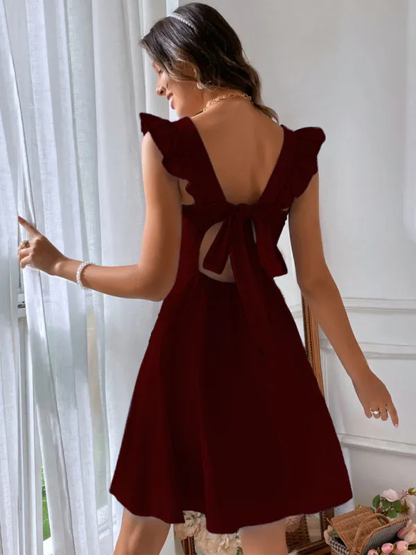 Cocktail Solid Cotton Bow Backless A-Line Square Neck Dress