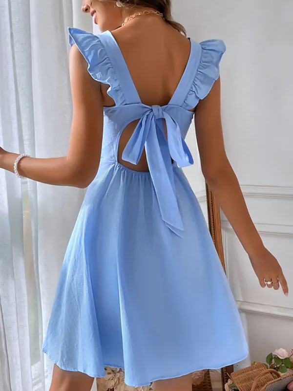 Cocktail Solid Cotton Bow Backless A-Line Square Neck Dress