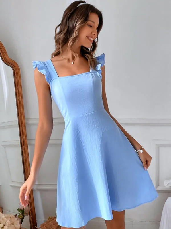 Cocktail Solid Cotton Bow Backless A-Line Square Neck Dress