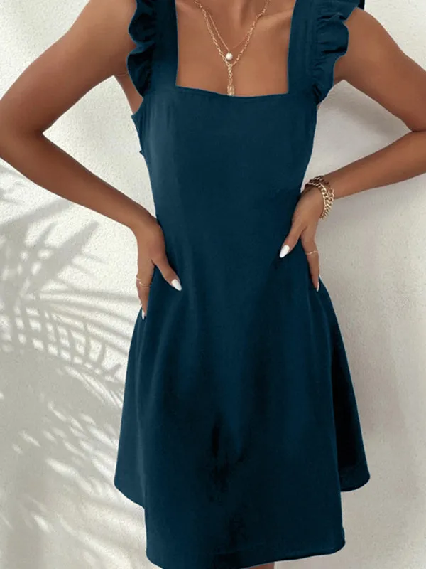 Cocktail Solid Cotton Bow Backless A-Line Square Neck Dress