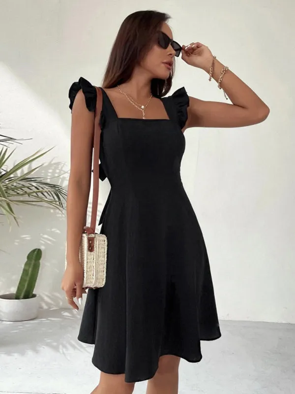 Cocktail Solid Cotton Bow Backless A-Line Square Neck Dress