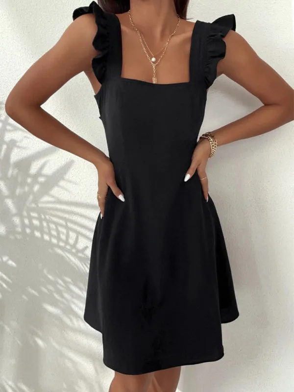 Cocktail Solid Cotton Bow Backless A-Line Square Neck Dress