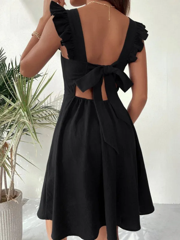 Cocktail Solid Cotton Bow Backless A-Line Square Neck Dress