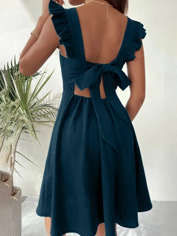 Cocktail Solid Cotton Bow Backless A-Line Square Neck Dress