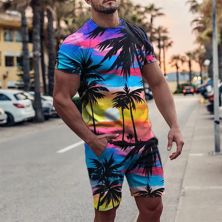 Coconut Beach Printed Round Collar Short Sleeve Suit