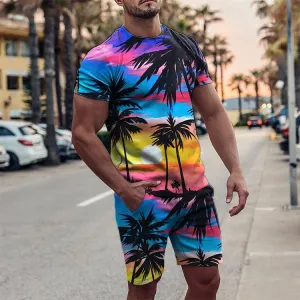 Coconut Beach Printed Round Collar Short Sleeve Suit
