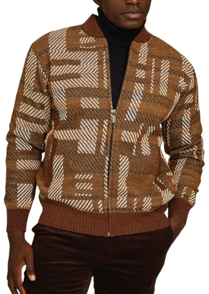 Cognac Brown Plaid Men's INSERCH Geometric Baseball Zipper Jacket Style No: SW609