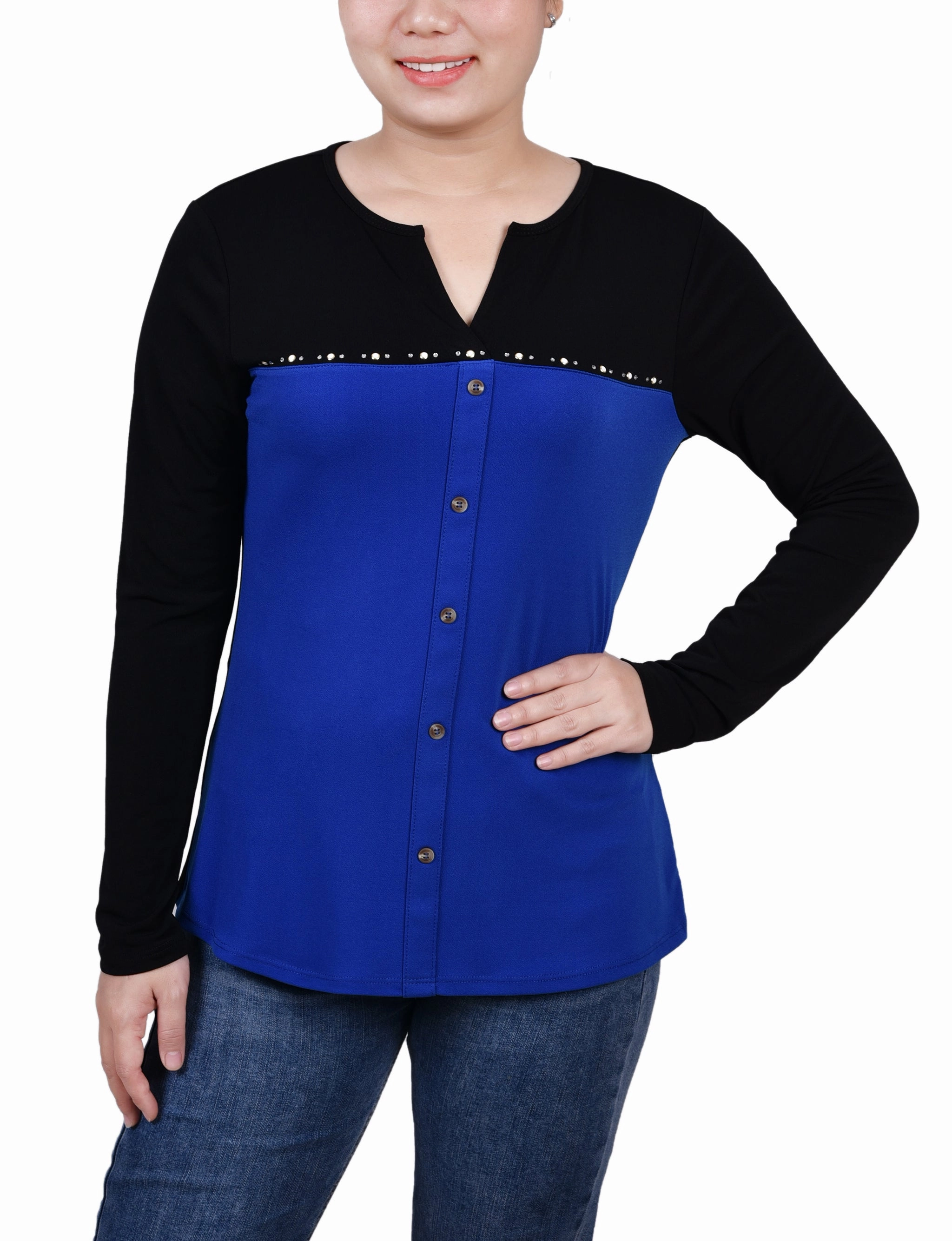 Long Sleeve Studded Colorblocked Split Neck Top Durable Binding