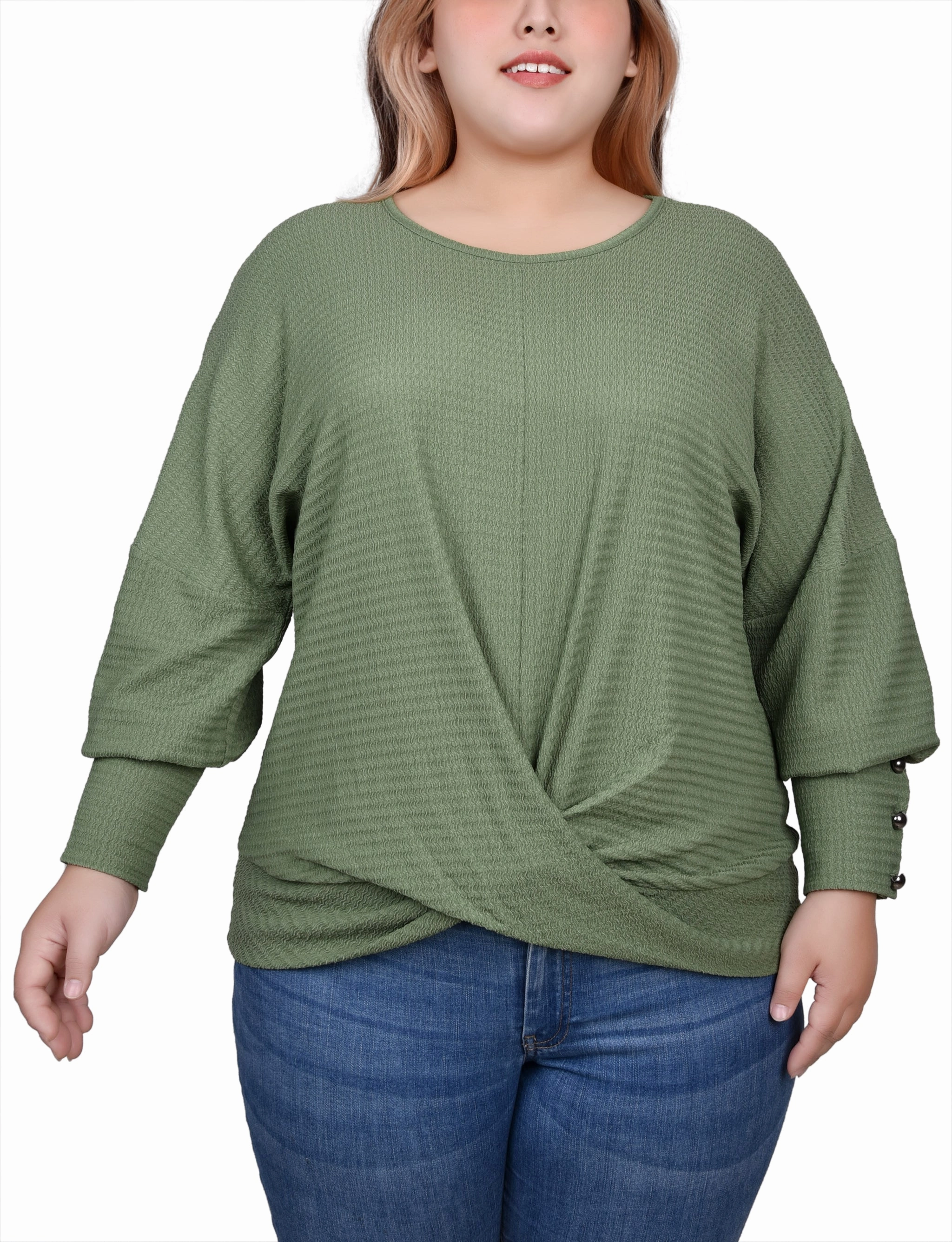 Plus Size Long Sleeve Textured Knit Top Multi Panel Construction MultiPanelBreathability