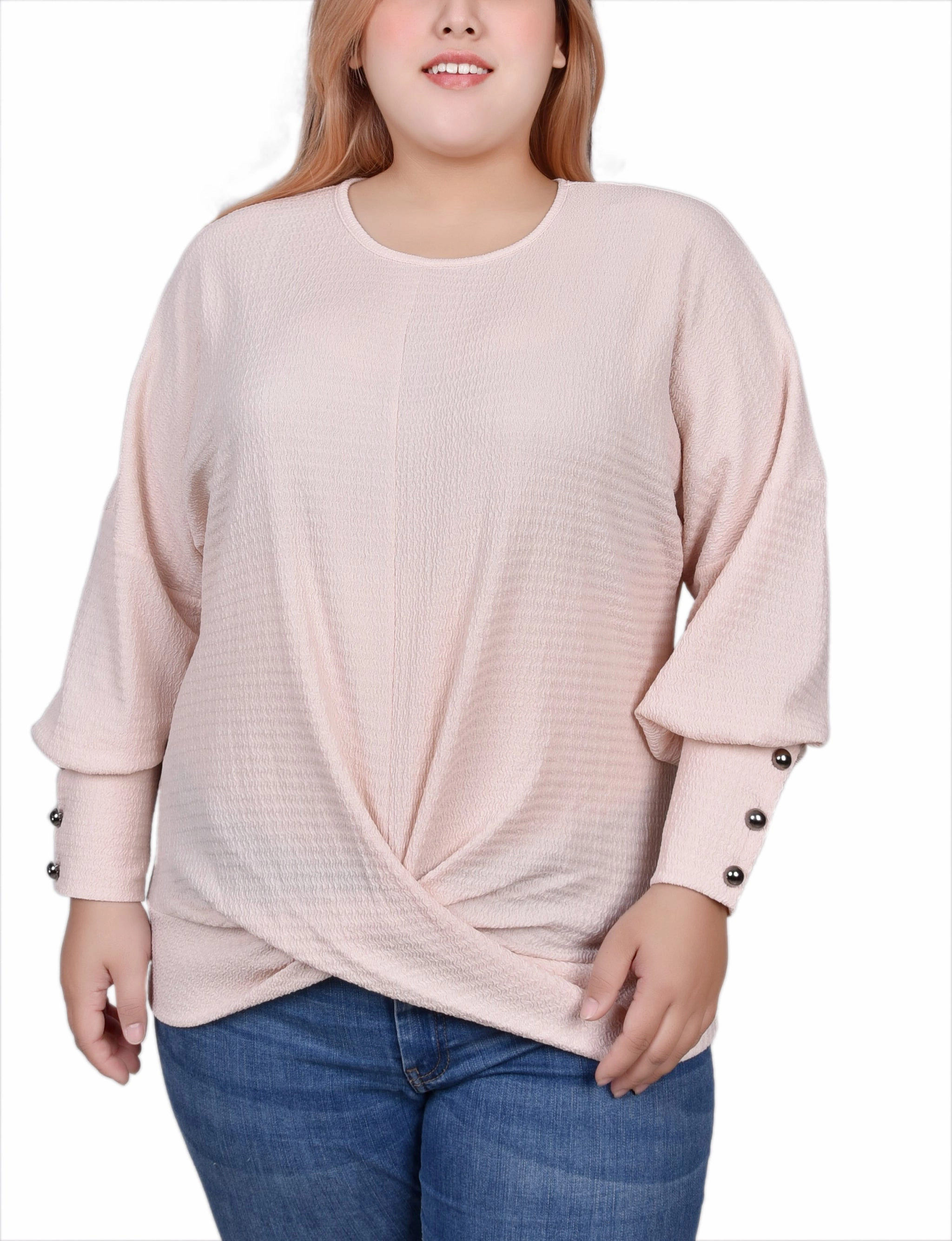 Plus Size Long Sleeve Textured Knit Top Quick Dry Fabric WrinkleResistant Fabric