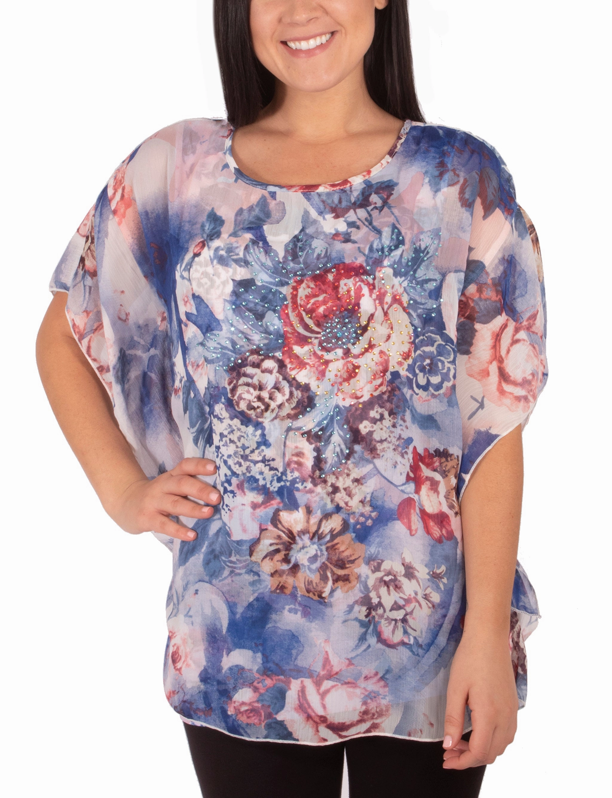 Scoop Neck Poncho With Rhinestones Moisture Wicking Fabric