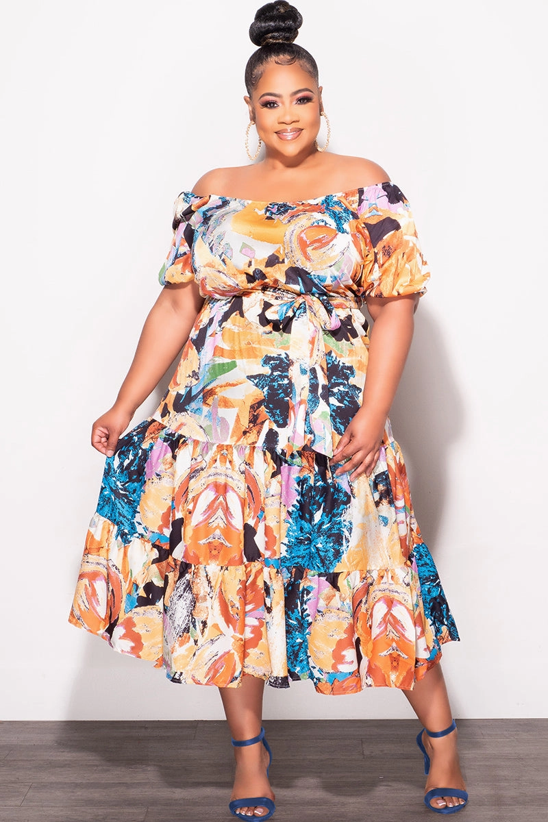 Final Sale Plus Size Off the Shoulder Dress with Waist Tie and Ruffle Bottom in Multi Color Print SoftCottonBlend FlexibleMobilityDesign