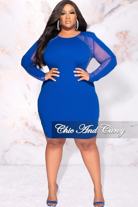 MachineWashableFabric Final Sale Plus Size Rhinestone Sheer Sleeve BodyCon Dress in Royal Blue