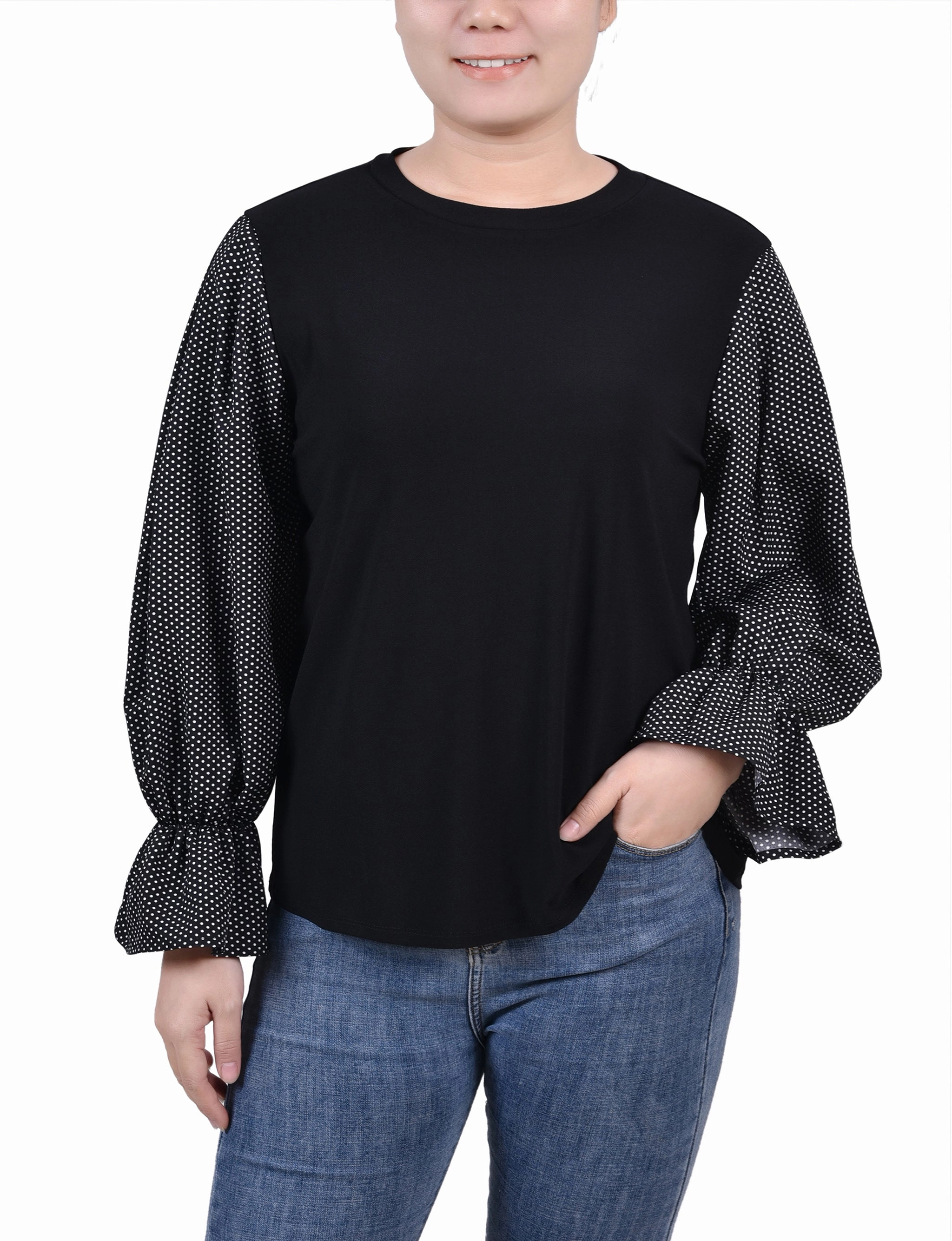 Petite Long Sleeve Top With Printed Sleeves Smooth Stitching Weighted Hem Trim