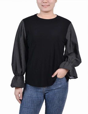 Petite Long Sleeve Top With Printed Sleeves Noise Reduced Zipper Stain Repellent Coating