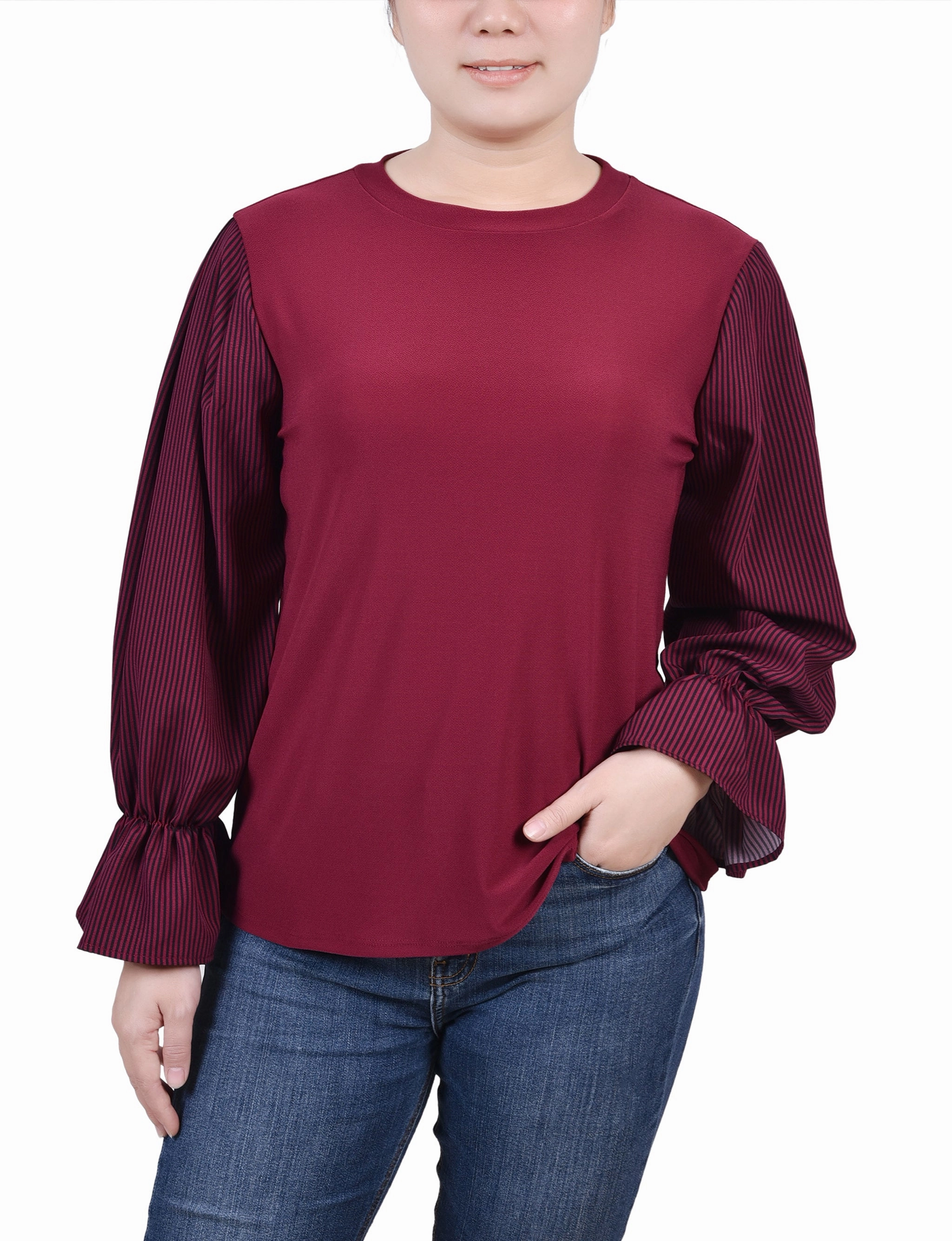 Petite Long Sleeve Top With Printed Sleeves Lightweight Design DurableWeave