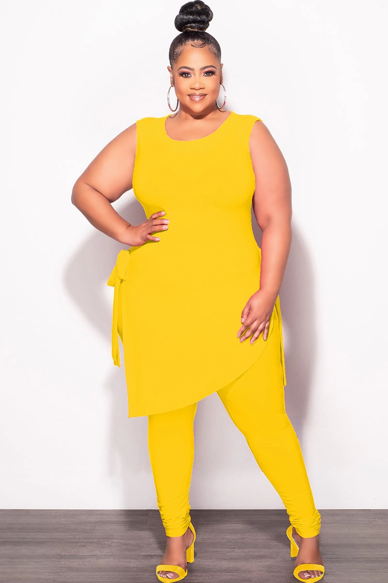 Breathable Base Tear Resistant Fabric Final Sale Plus Size 2pc Sleeveless Top and Pants Set in Yellow